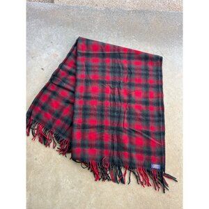 Vintage Pendleton 100% Virgin Wool Red & Black Plaid Fringe Blanket 52x72 Inches